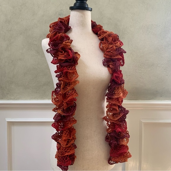 Artisan Handcrafted Ruffled Crochet / Knit Scarf Burgandy Rustic Orange - Picture 7 of 10